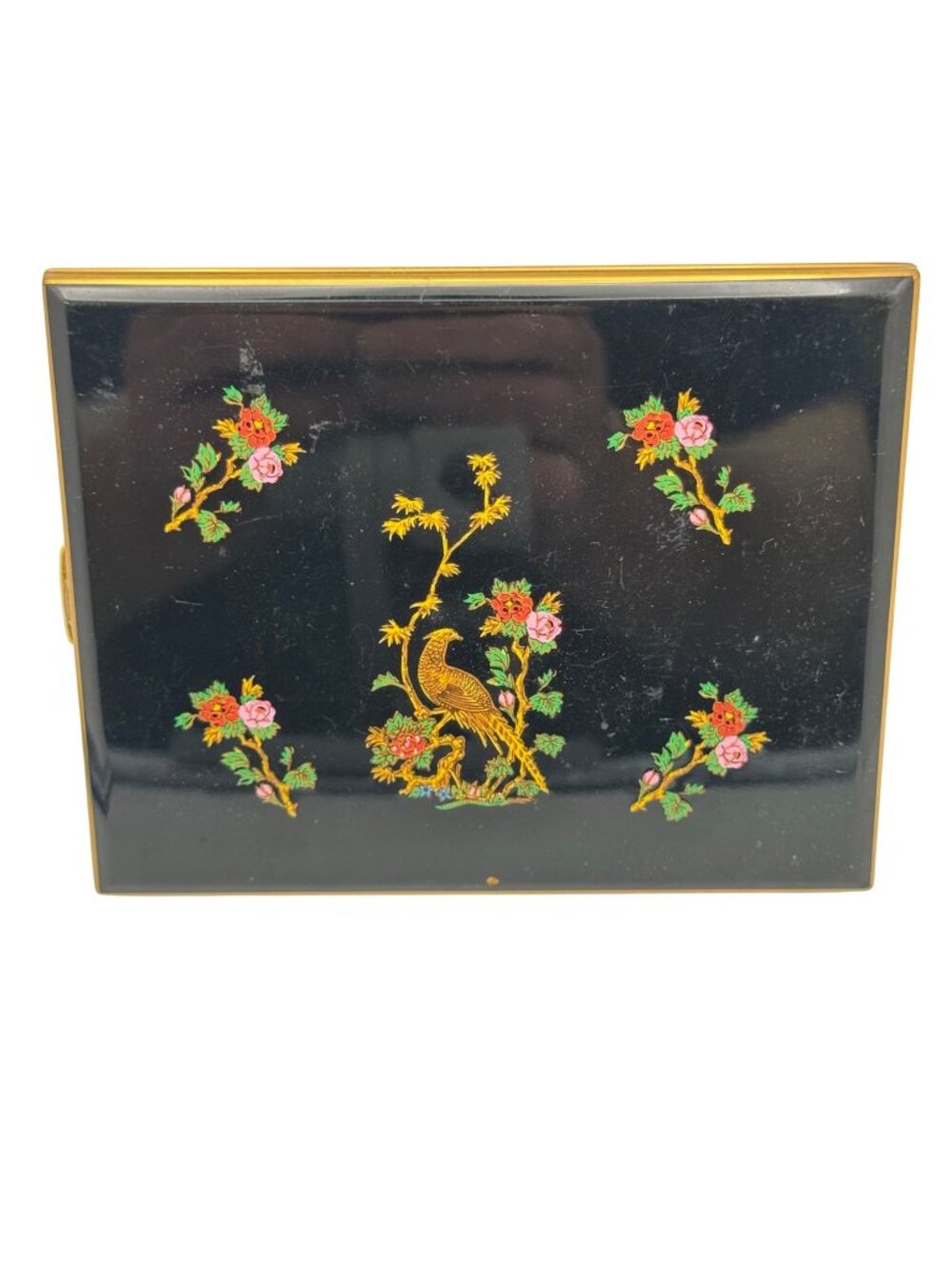 Floral Enamel Cigarette Case Vintage Colibri Black & Gold Phoenix Bird Design